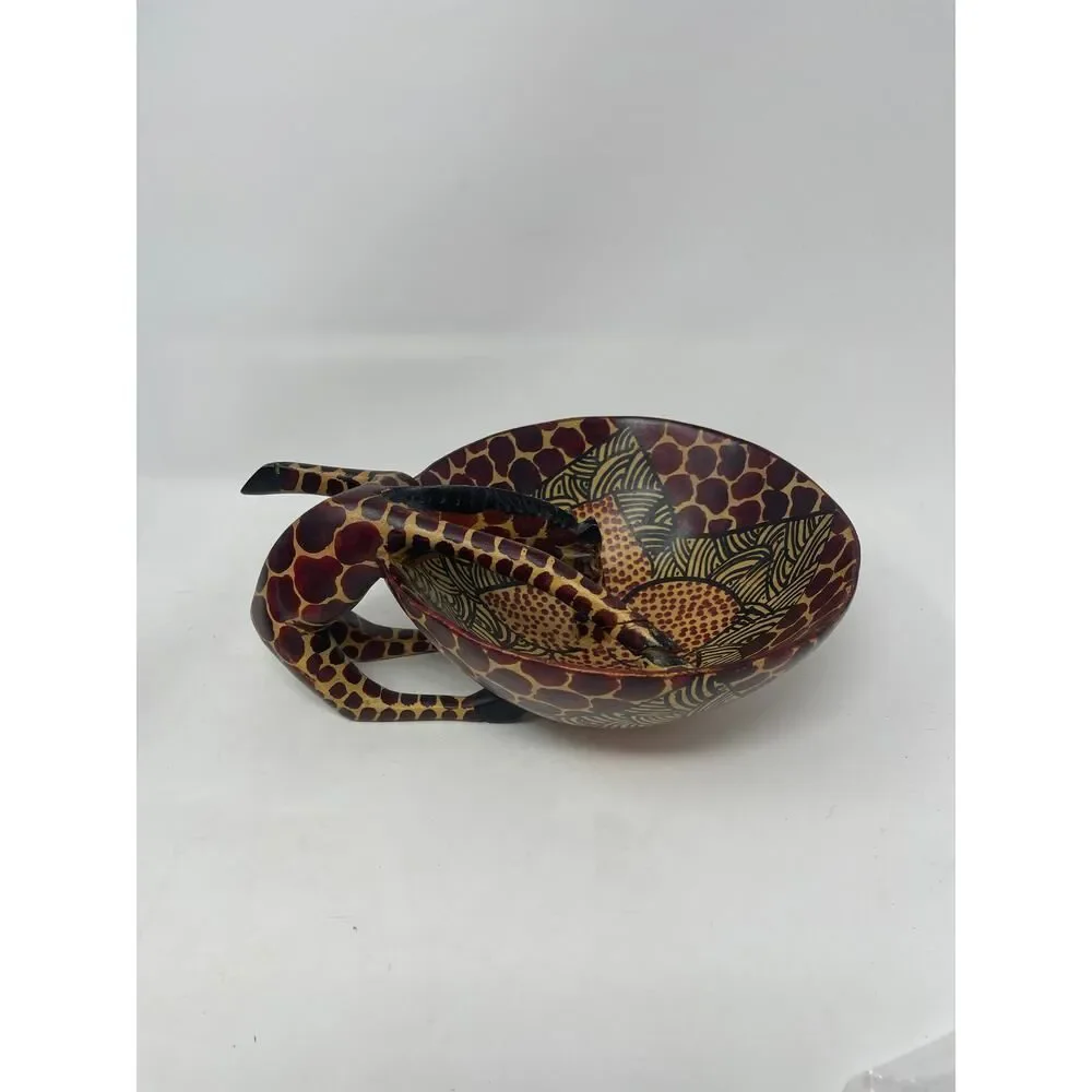 African Hand Carved Olive Wood Giraffe Drinking From Bowl Trinket Dish Vintage